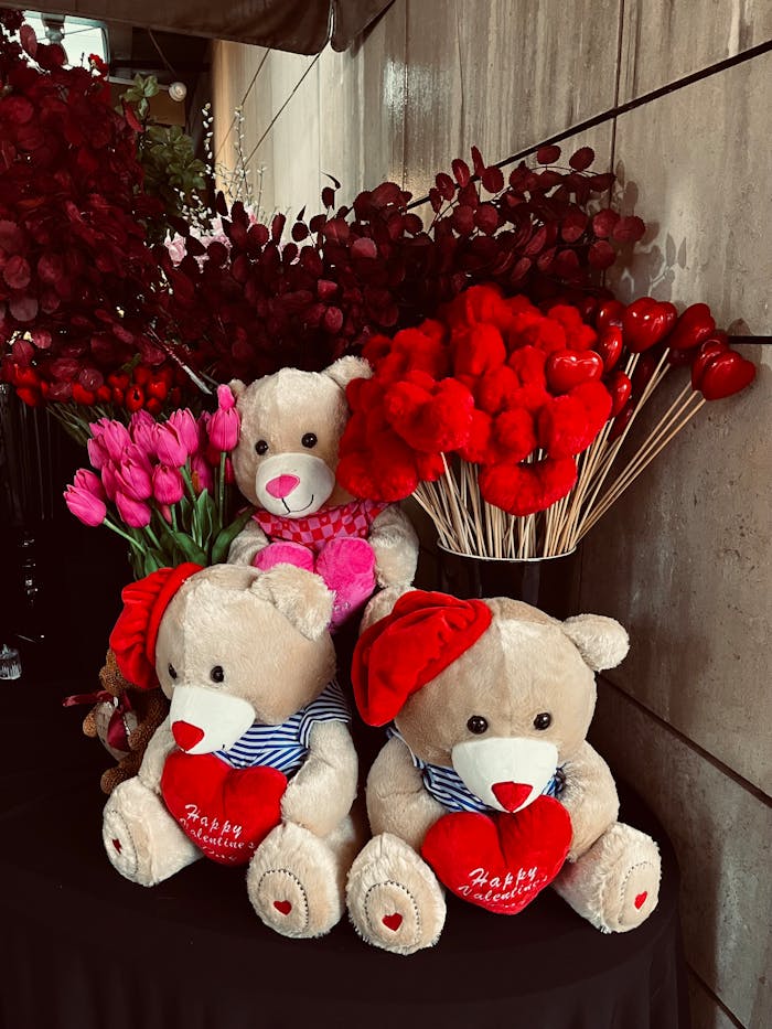 Cute teddy bears and flowers arrangement for Valentine's Day gifting.